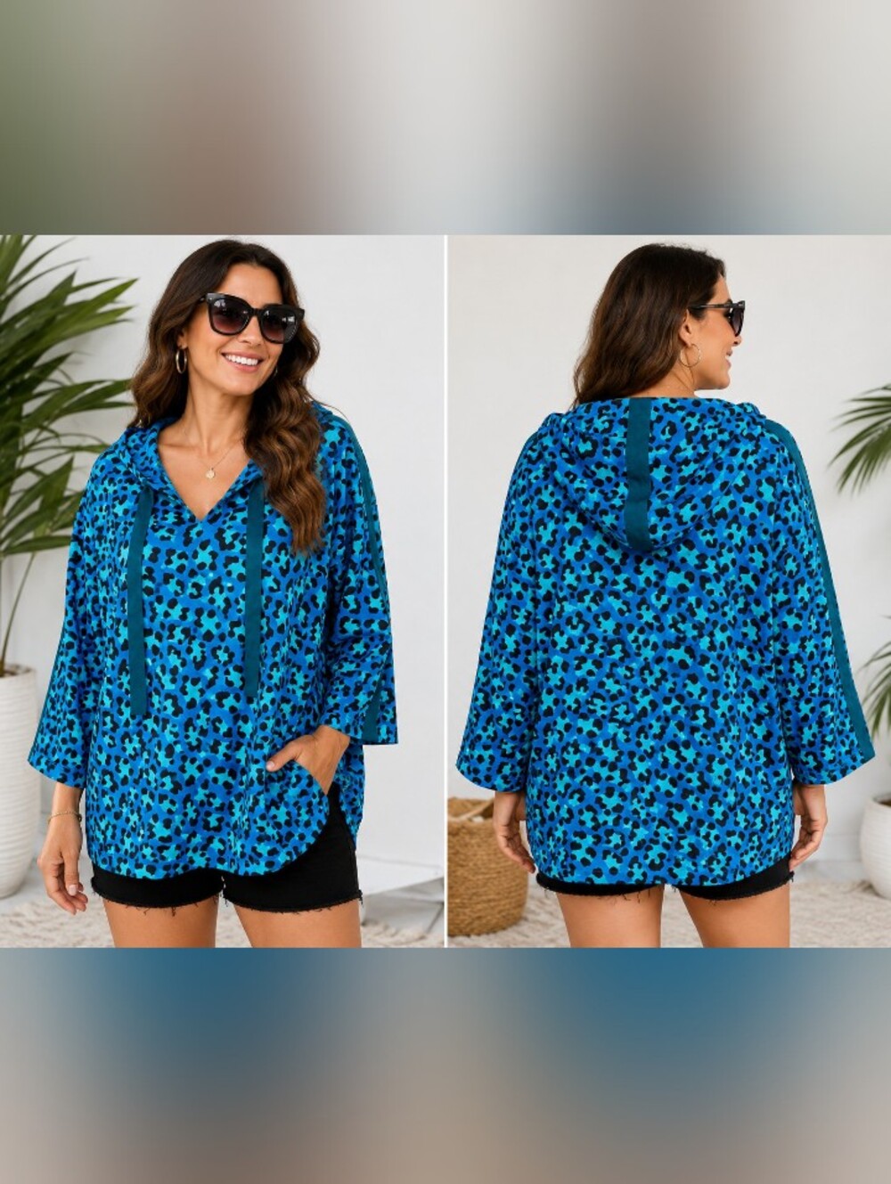 catalonia blue leopard print hooded cover up one size